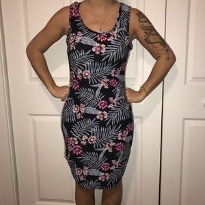Sleeveless Floral Midi Dress in Black with Pink & Gray Print